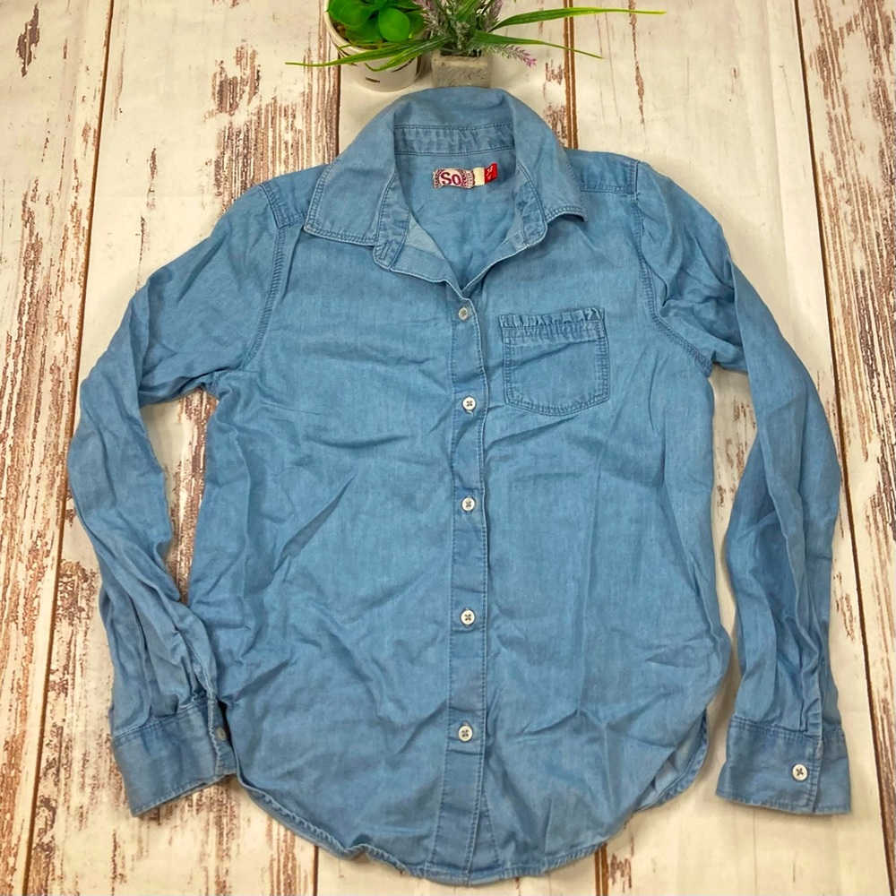SO Button Down Long Shirt Sleeve Chambray Sz 7-8